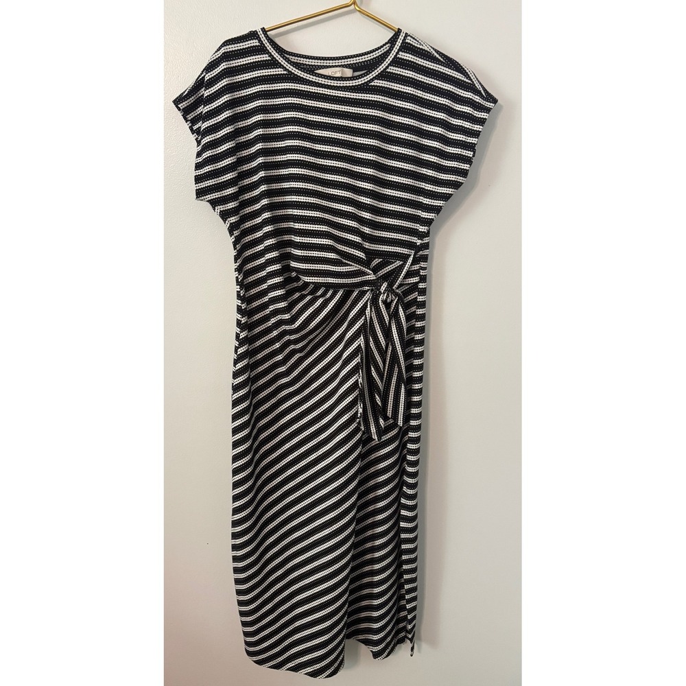 LOFT Black White Striped Side Tie Knot Midi Dress Short Sleeve Medium